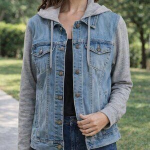 Wax Jean 2XL Denim Jacket Hoodie Combo Light Wash Jean Jacket Gray Knit Sleeves